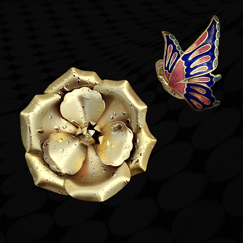 Golden Dew Kissed Metal Rose w/ Enamel Butterfly